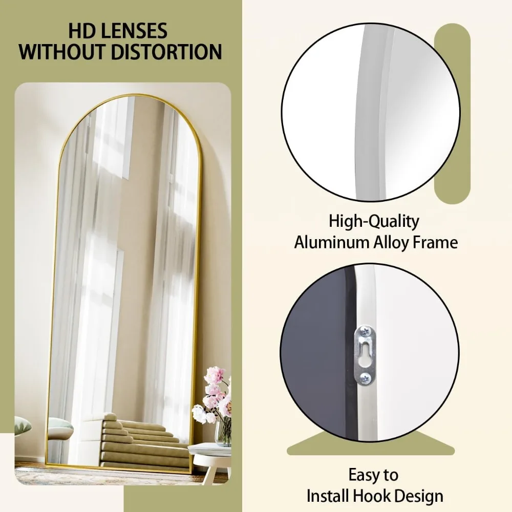 Espelho de chão de comprimento total com parte superior arqueada com suporte, espelho de parede inclinado ou pendurado para quarto, espelhos de arco grande para decoração de casa