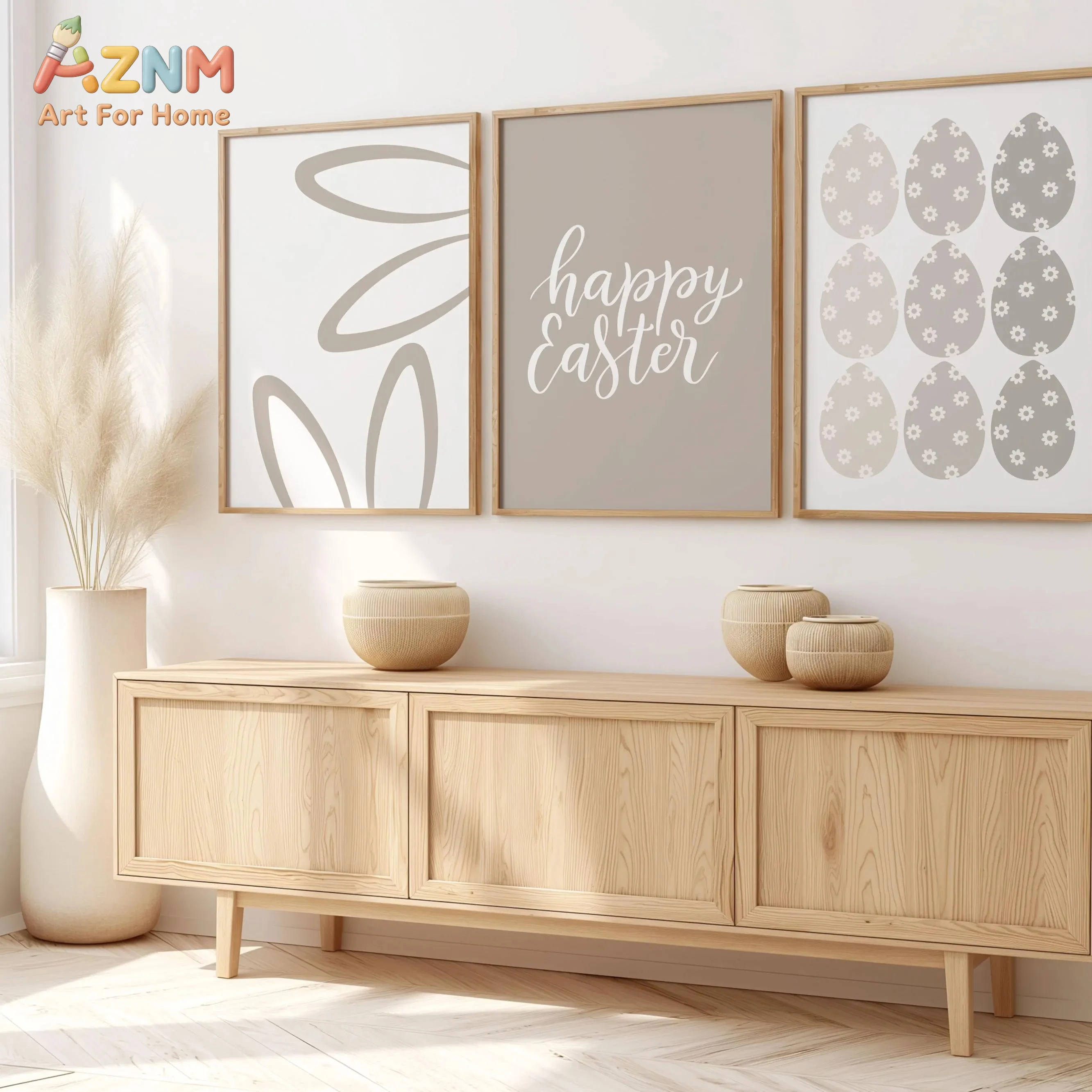 3pcs AZNM Happy Easter Minimalist Bunny Ear Egg Canvas Wall Art, Neutral Beige Boho Holiday Quote Typography Poster, Simple Aest