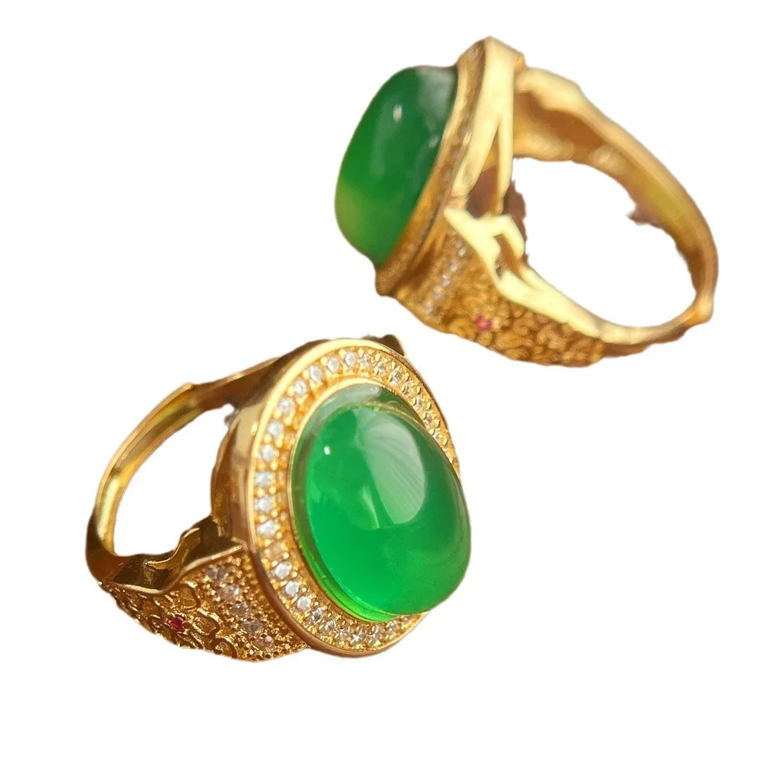 National style retro natural emperor green full green chalcedony agate ring