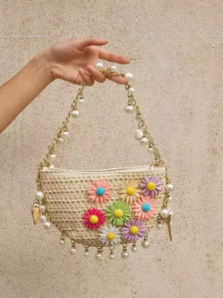 

Holiday Vacation Beach Bag Beads Beading Half Moon Bag Straw Woven Handmade Women Handbag Fashion Floral Appliques Shoulder Bag