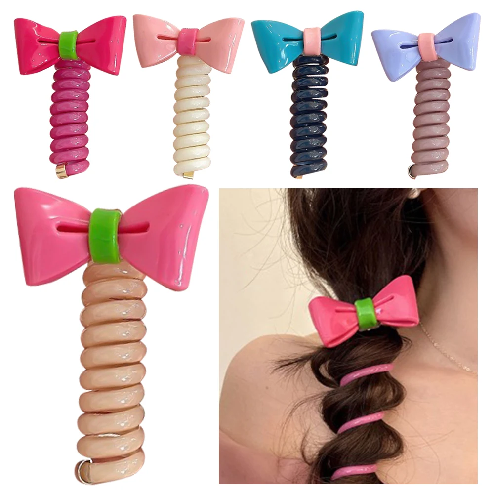 Sweet Bow knot Telephone Line Hair Ties Spiral Coil Rubber Bubble Braid Headband Hair Accessories High Elastic