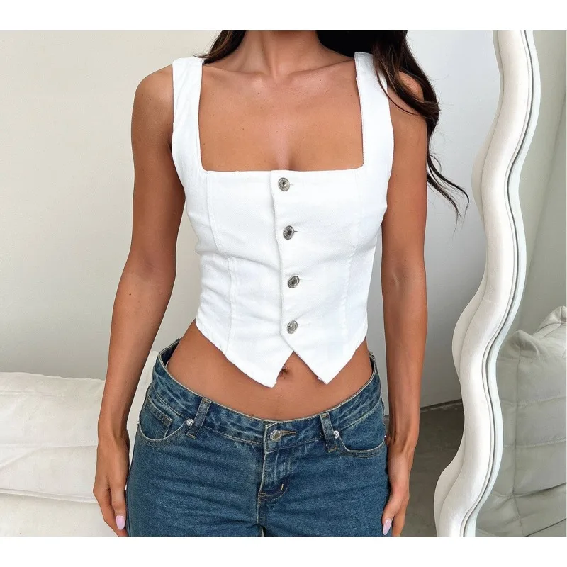 

Denim Vest Solid Color Single-breasted Fashion Suspender Short Top Spring and Summer