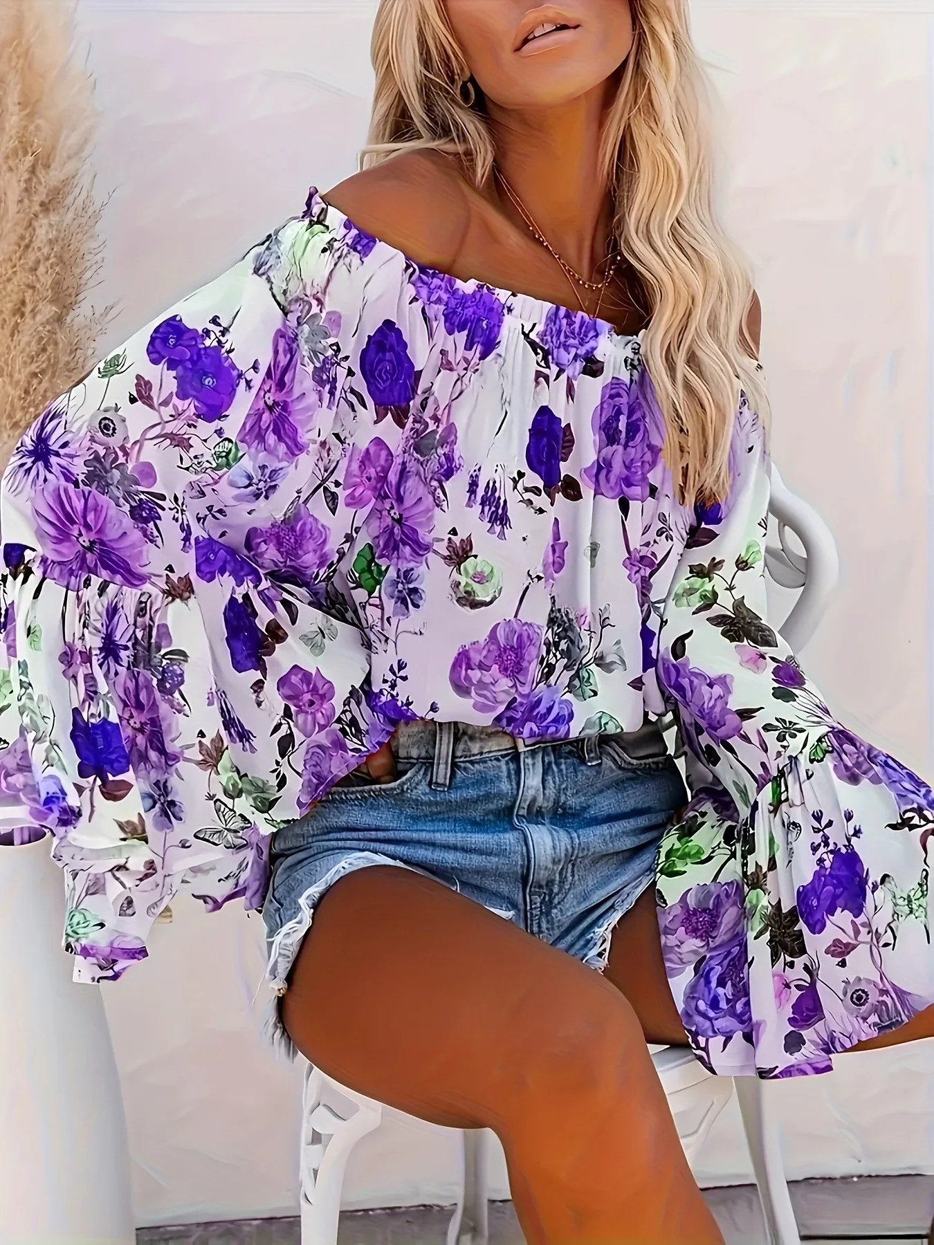 Camiseta estampada de verano, Top holgado a la moda para todos los días, estilo elegante para ir al trabajo, tirantes de manga larga, ropa de mujer de un solo hombro