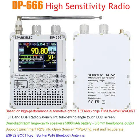 DP-666 TEF6686 Radio High Sensitivity FM AM Short Wave 2.8inch IPS Touch LCD Screen 5000mAh FM LW MW SW Full Band DSP Radio