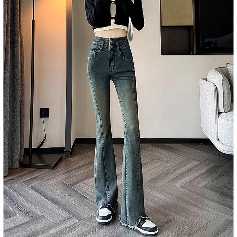 

Женские джинсы с двойной застежкой на пуговицах, прямые, расклешенные, с необработанным краем, дизайнерские, с высокой талией, ретро, однотонные, джинсовые брюки для девушек