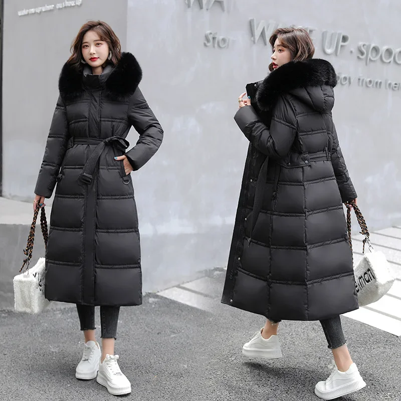 Women's Parkas Coat Casual Wind 2023 New Fur Collar Slimming Belt Skinny Elegant Cotton Long Women Clothing Winter White M-XXL