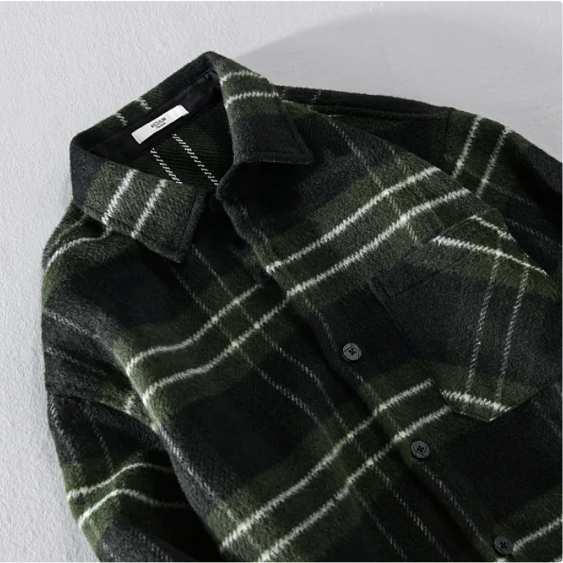 Autumn Winter New Polyester 100% Shirt Men\'s Thick Clothing Casual Plaid Loose Pocket Lapel Men Long Sleeve High Street Tops