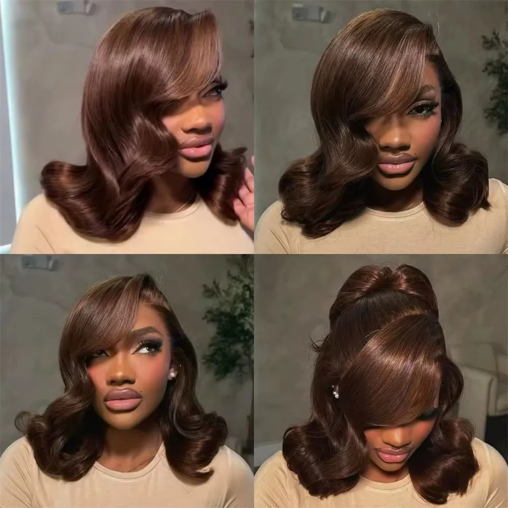 Brown Short Bob Human Hair Wig 13x4 Body Wave Lace Front Wigs For Women 100% Human Hair Wig Body Wave Chocolate Brown Wig