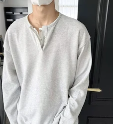 남성용 긴팔 후드티 페이크 투피스 하프 버튼 베이스 셔츠 트렌디 헨리넥 티셔츠 청년 인기 사계절 웨어