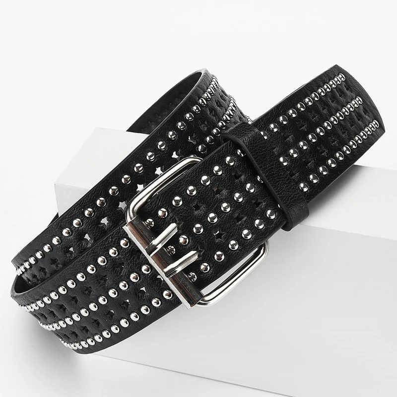Unique and Personalized Hip-Hop Studded Belt with Multiple Layers of Rivets and Pentagrams, Versatile Everyday Belt for Women