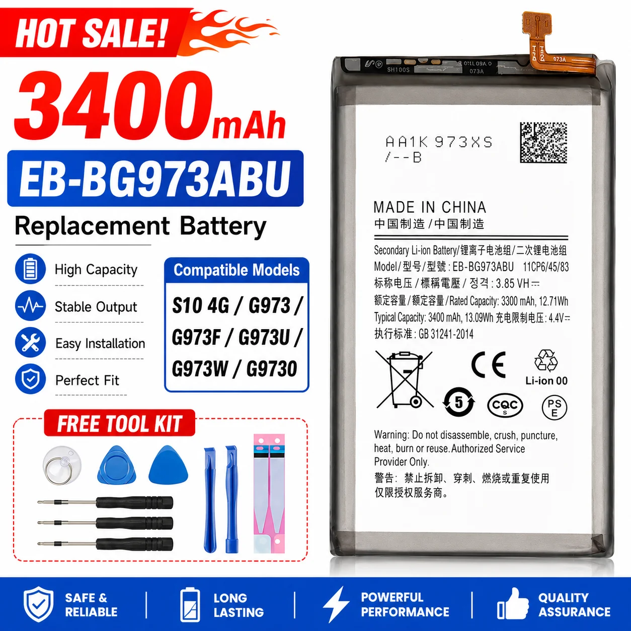3400mAh EB-BG973ABU Replacement Battery For Samsung Galaxy S10 S10 X SM-G973 G973 Series With Repair Tools