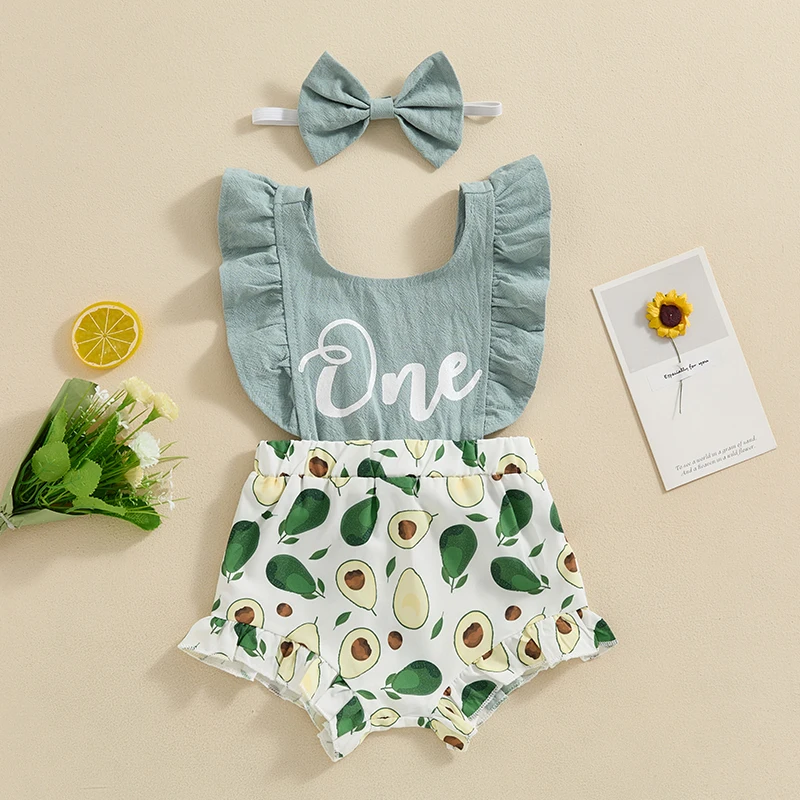 

2024-03-26 Lioraitiin Kid Baby Girl 2Pcs Summer Outfits Ruffle Sleeve Letter Avocado Print Romper with Bow Headband Set