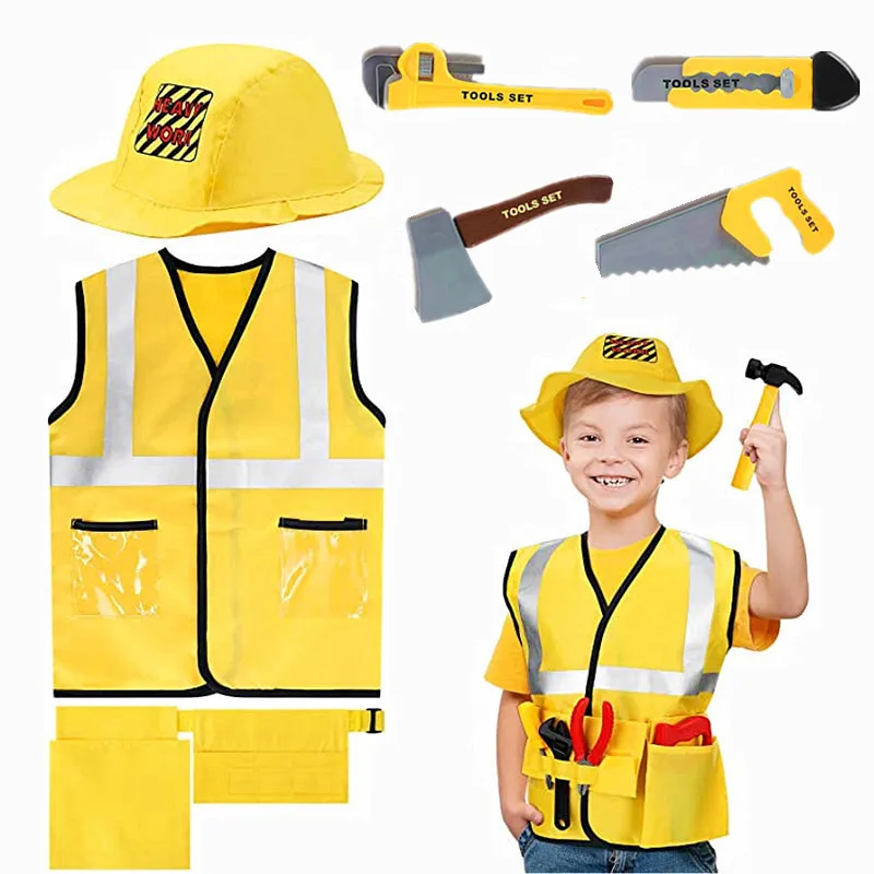 Boys Halloween Construction Worker Style Outfit Set, 5pcs, Reflective Yellow Vest with Tools, Party Dress-Up