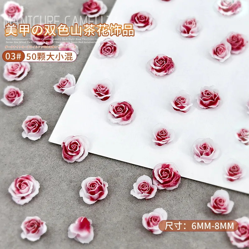 50PCS Blood Shading Acrylic Rose Flower Nail Art Charms Parts  Camellia Accessories Manicure Material Nails Decoration Supplies