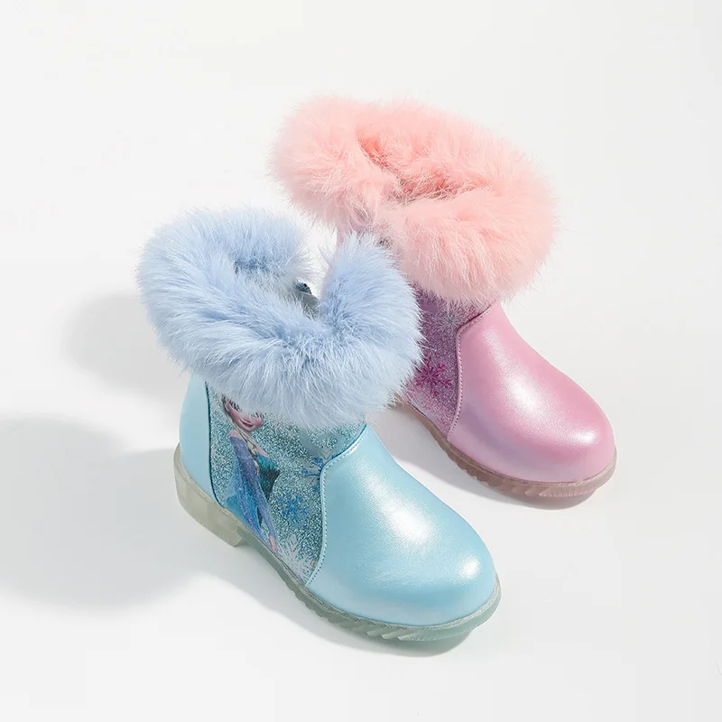 Disney Princess Girls Frozen Elsa Winter Snow Boots Pink Blue Shoes For Girls Non-slip Warm Shining With Fur Shoes size 25-35