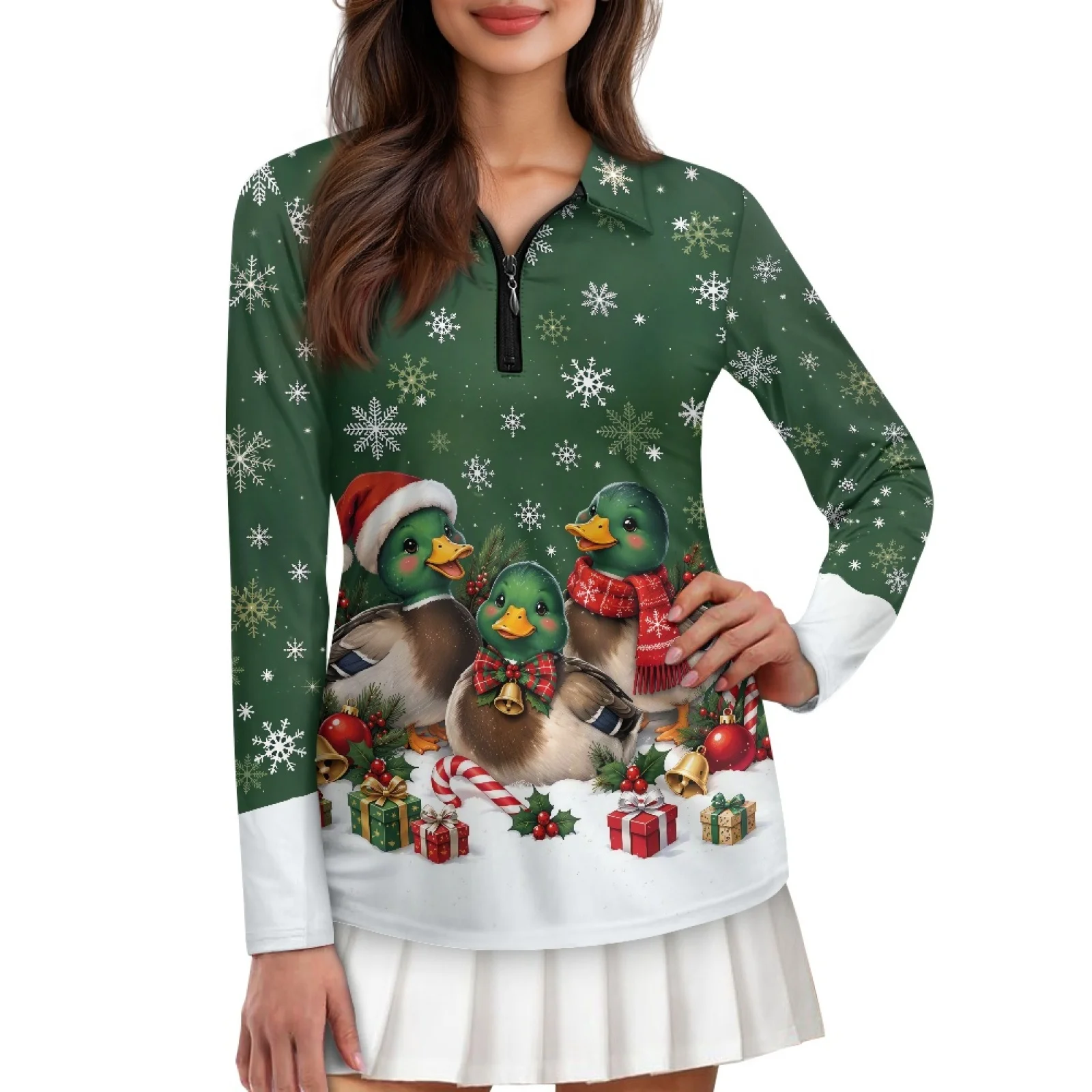 PENSTROLL Christmas Ducks Pattern Womens Athletic Pickleball Tennis Tops Hiking Tennis Running Tops for Yoga