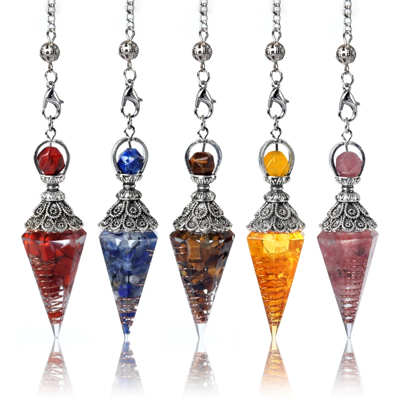 18x60mm Natural Gravel Resin Hexagonal Cone Pendulum Pendant Colorful Crystal Antique Red Bronze Flower Rest Spirit Pendulum