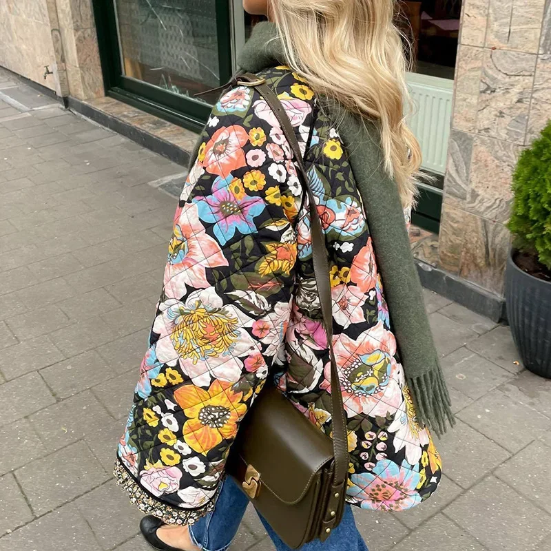 Vintage Floral Flower Printed Cotton Coat Women Fleece Thick Warm Long Sleeve Quilted Jacket Autumn Winter Women\'s Clothing