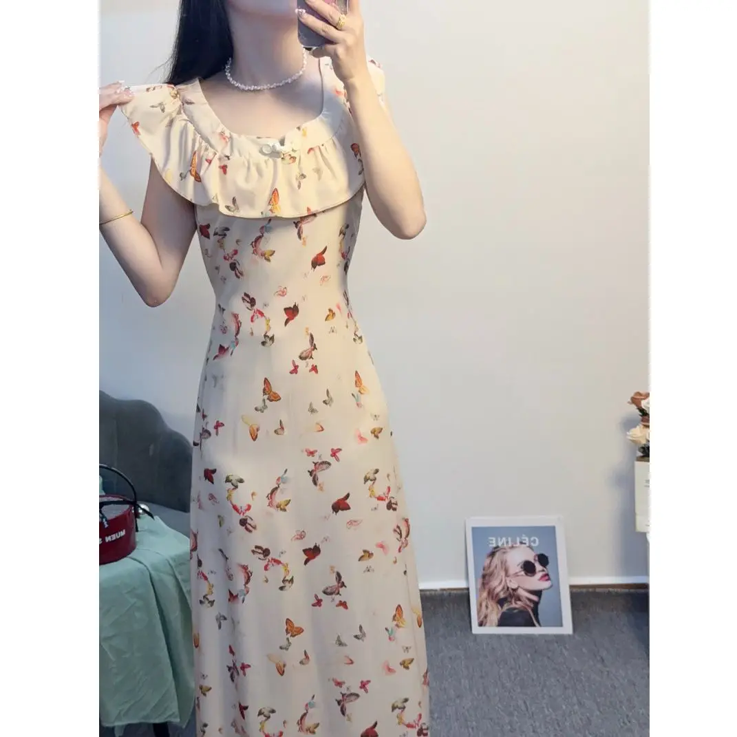 드레스 민소매 여성 보헤미안 스타일 봄 시폰 레이스업 주름 플러터 레이어드 케이크 드레스 랜턴 슬리브 프렌치 스타일 스위트하트