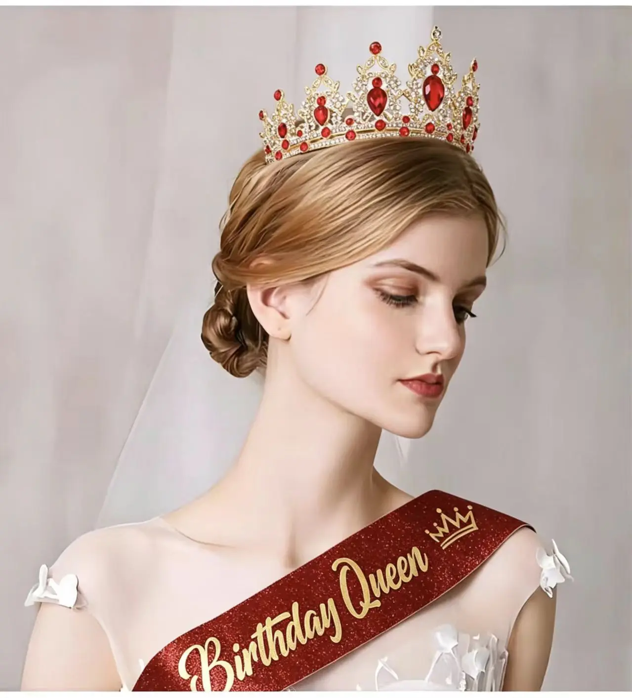 Barocke Strass-Geburtstagskönigin-Schärpe mit Krone und Tiara für Frauen und Mädchen, Stirnbänder, Schärpe mit Anstecknadel, Happy Birthday Party – Detail 3