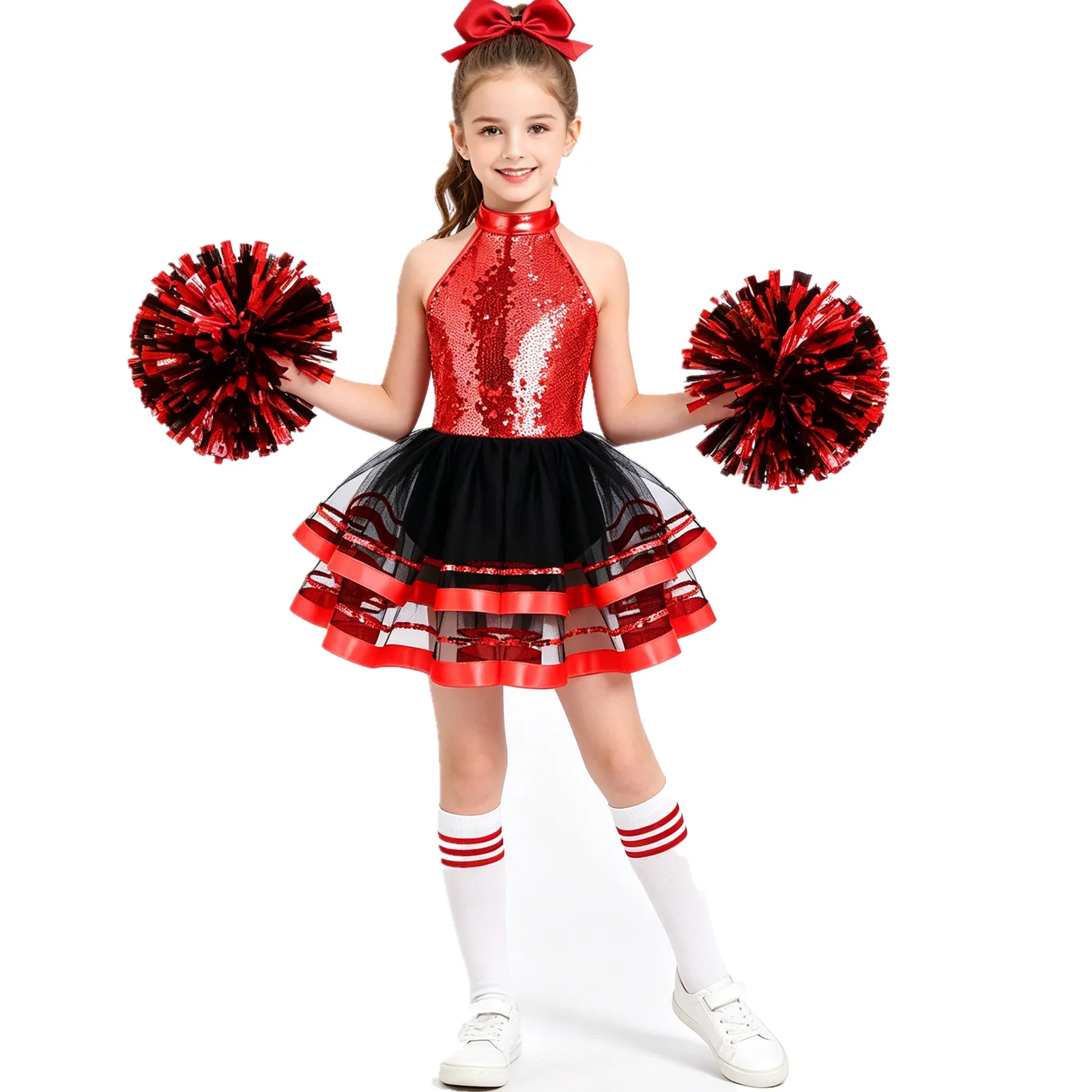 Kids Girls Cheerleading Dance Costume Shiny Sequins Tulle Ballet Tutu Leotard Dress with Flower Balls Headwear Socks Dancewear