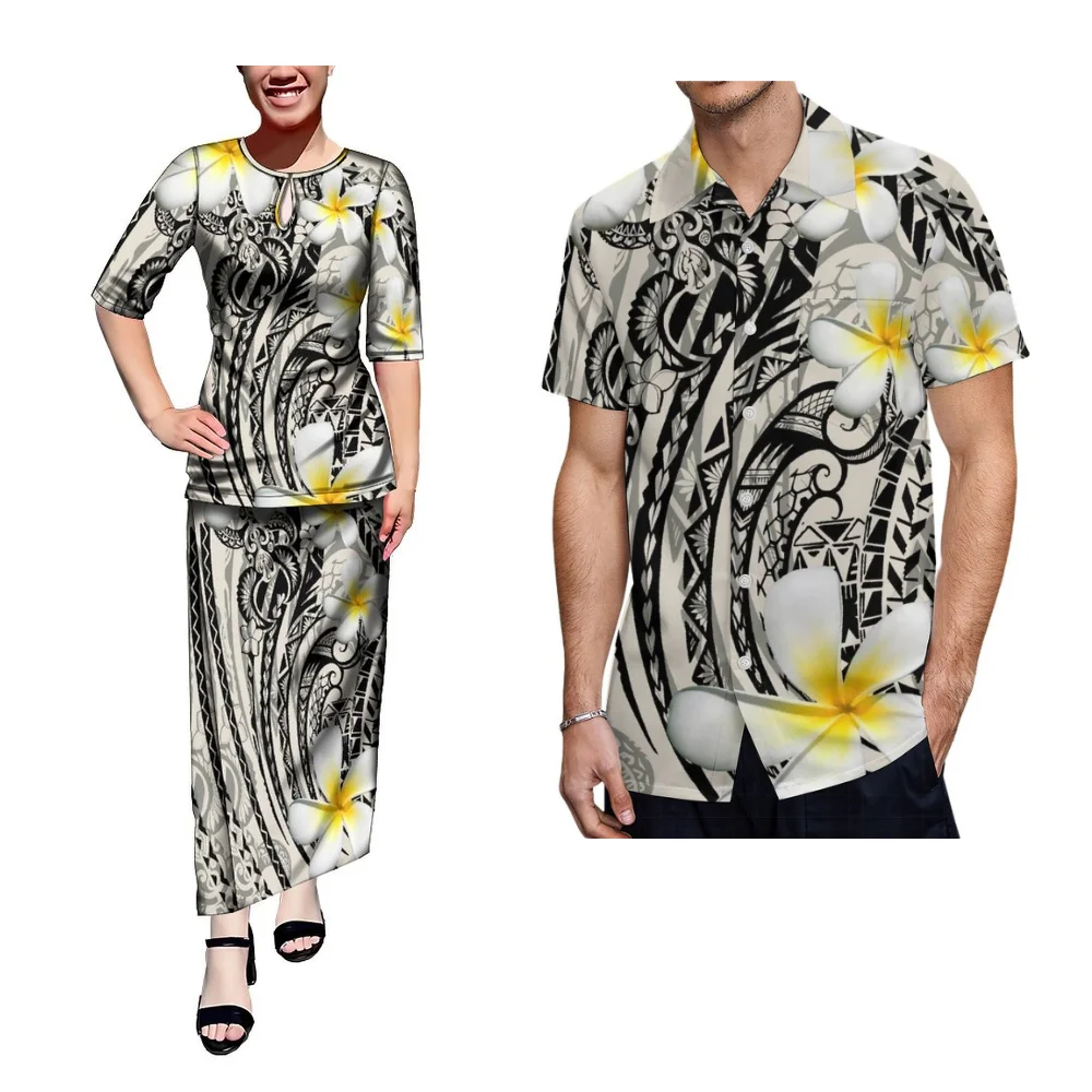 Samoa Hibiscus Flower Print Couple Clothing Summer Short Sleeve Polynesian Women Puletasi Men Shirt Pacific Islands