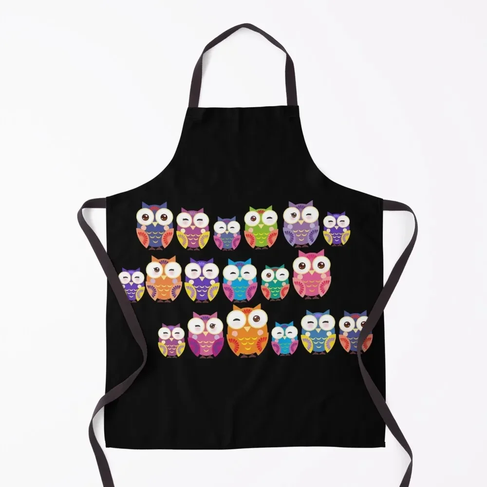 

bright colorful owls on black background Apron Cute Kitchen Kitchen New 2022 Year Apron