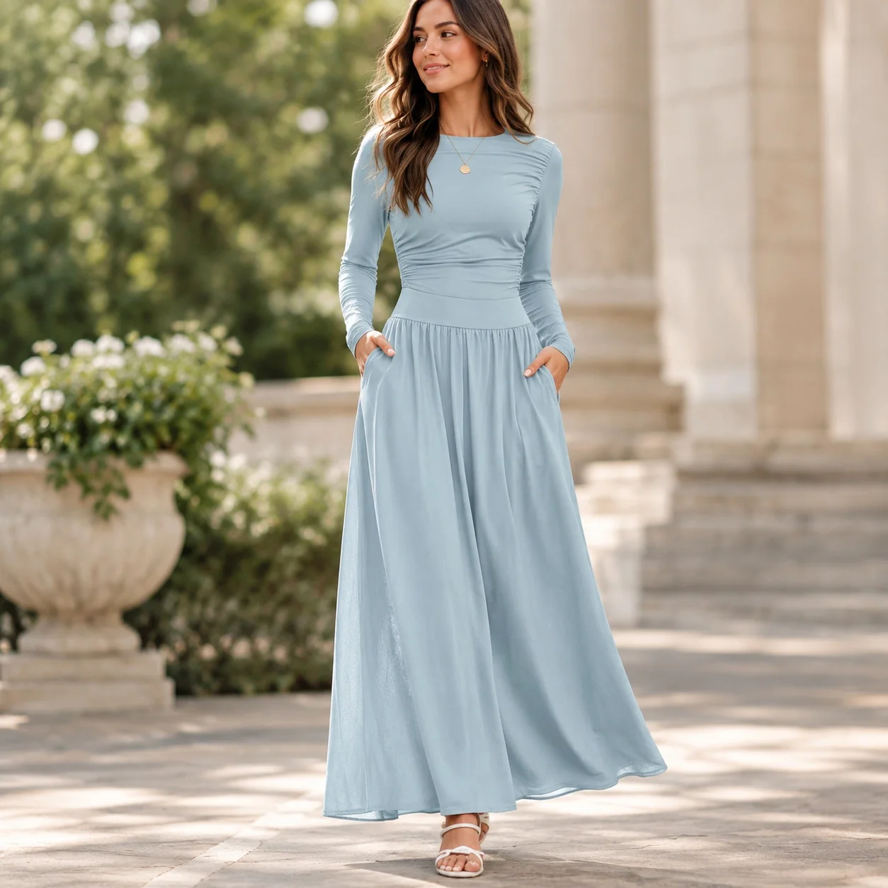 Pocket Round Neck Dress High Waist Japanese Korean Casual with Pullover Full Skirt Ruched Long Sleeve Pockets Dresses for Women