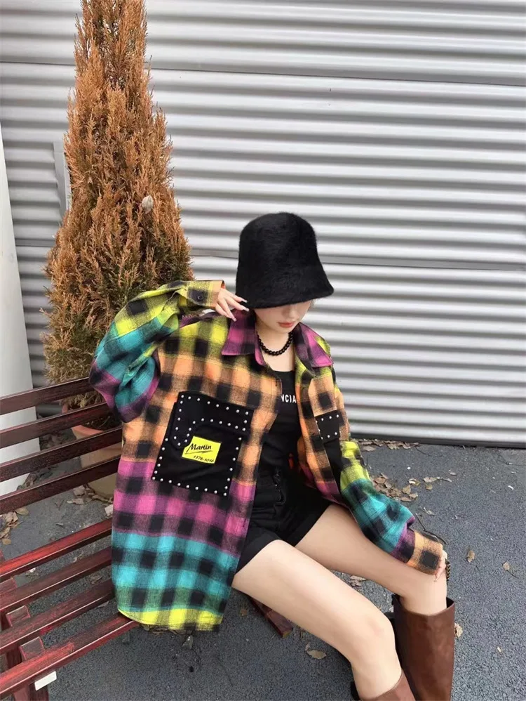 2024 Autumn New Printed Plaid Shirt Female Long Sleeve Splicing Casual Fashion Loose Women's Top Street Fashion Color Shirt