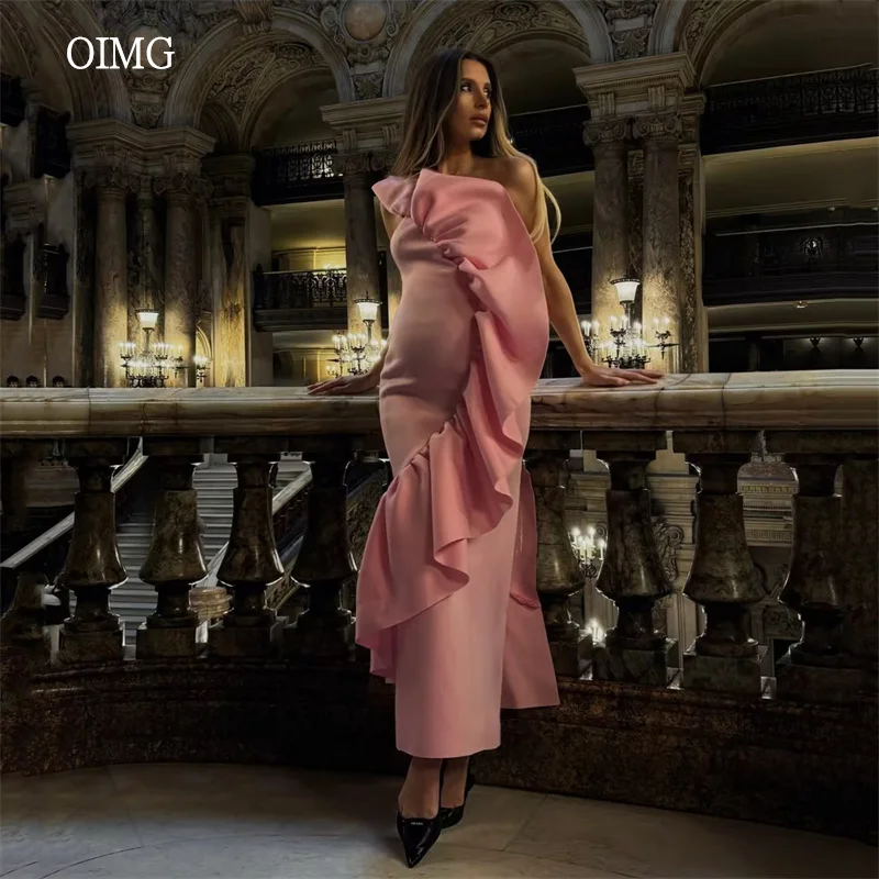 

OIMG Midi Pink Oversized Ruffle Prom Gowns Mermaid Pregnant Gown Ankle Length Evening Dress vestidos de festa 2026 Customized