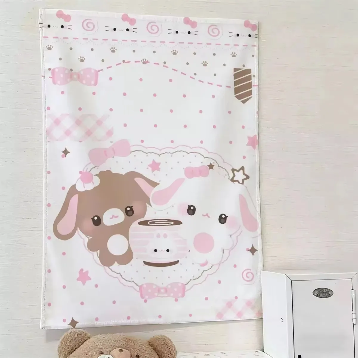 Kawaii Pink Bunny Tapestry, Sweet Dessert Rabbit Wall Hanging Pastel Polka Dot Background Cloth for Bedroom Dorm Room Decor Gift