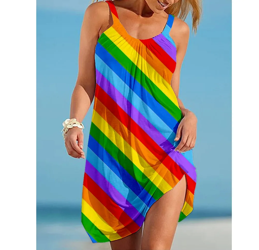 Summer Rainbow Colorful Tie Dye Printed Sexy Beach Dress Women Sleeveless Dresses Party Beachwear Girls Sling Midi Night Dress