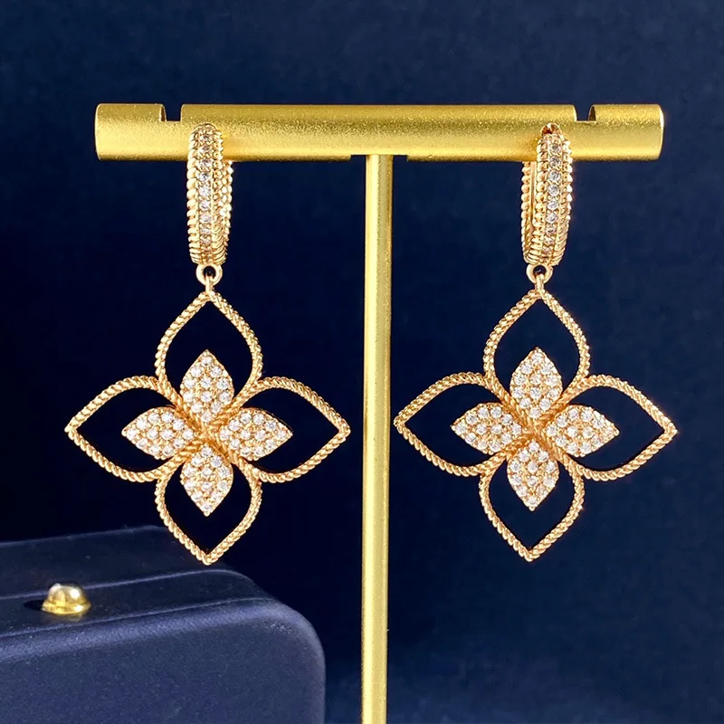 1 Pair Hollow 4 Leaf Clover Drop Earrings Luxury Italian Brand RC Crystal Jewelry for Women Girl Party Gift