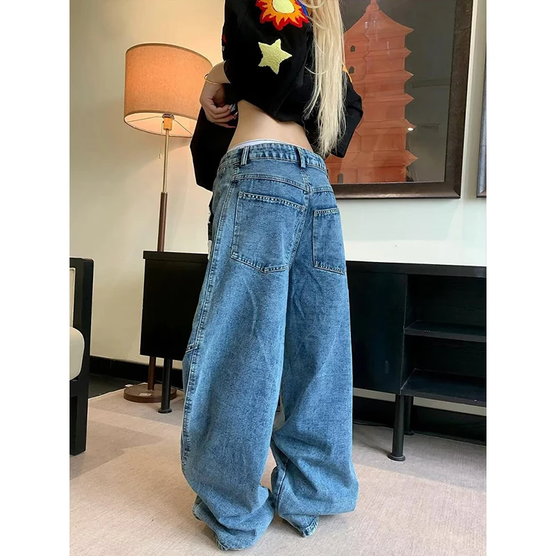 Women Blue Y2k Baggy Embroidery Jeans Aesthetic 2000s Style Boyfriend Jean Pants Vintage Harajuku Oversize Denim Trousers