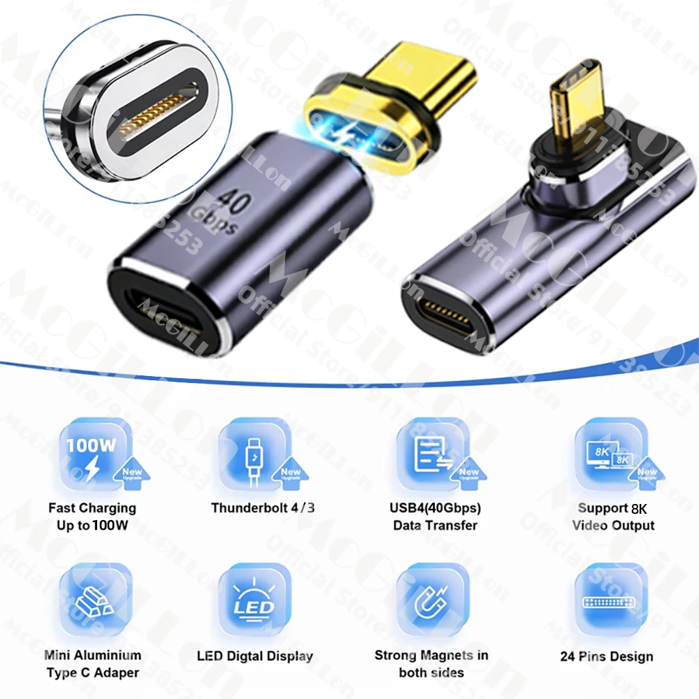 Adaptador magnético USB4.0, de USB-C a USB-C, 40 Gbps, 100 W, cable convertidor con carga rápida, 8K a 60 Hz, adaptador USB tipo C Thunderbolt 3.