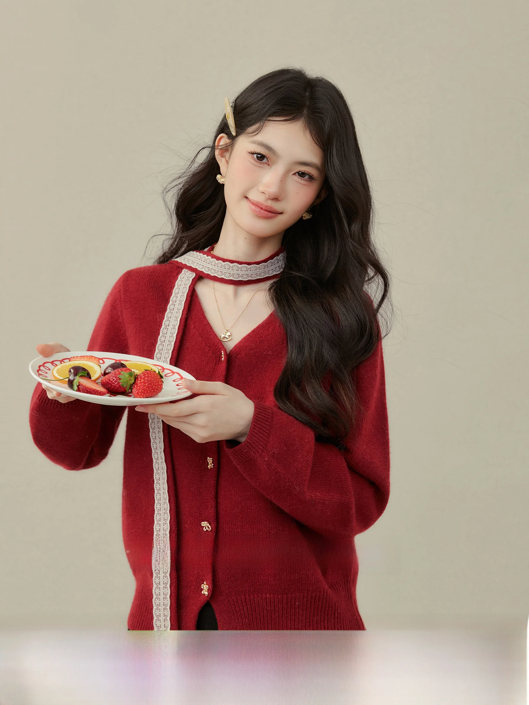 

Red Cisas Themed Oversized Sweater with Sa V-Ne Hanging Ne Design Casual Sle Women's Inner Wear Long Sve Top