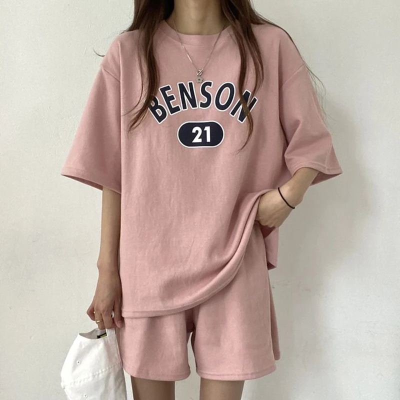 

Female Suit Korean Summer New Letter Printed Women 2pcs Two Piece Suits Short Sleeve T Shirt Tracksuits Fashion Casual Outfits