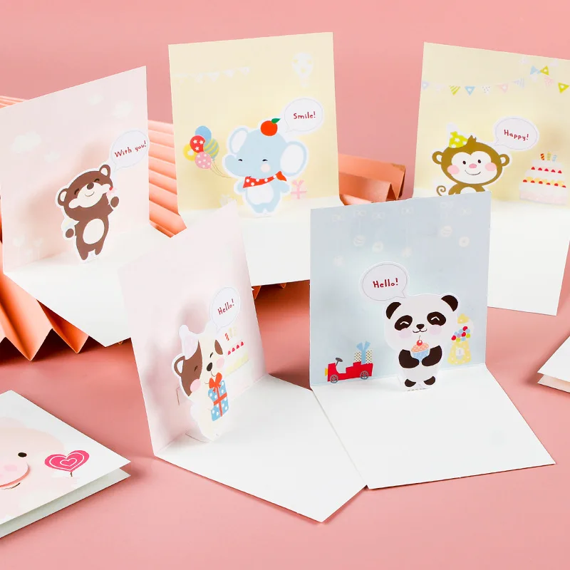 

3D Mini Greeting Card Envelope Children's Birthday Small Card Paper Cartoon Cute Animal Shape Thank You Card Gifts