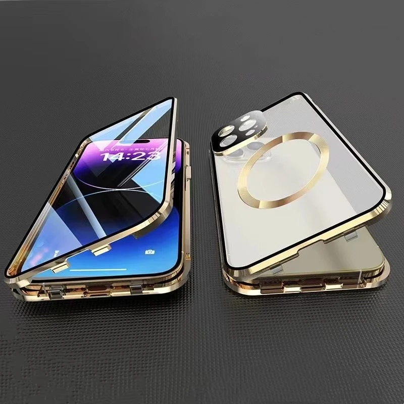 

Metal Magnetic Case For Magsafe iPhone 17 Pro Max 16 15 14 13 12 Pro Max Plus Lens Protection Double Sided Glass Snap Lock Cover