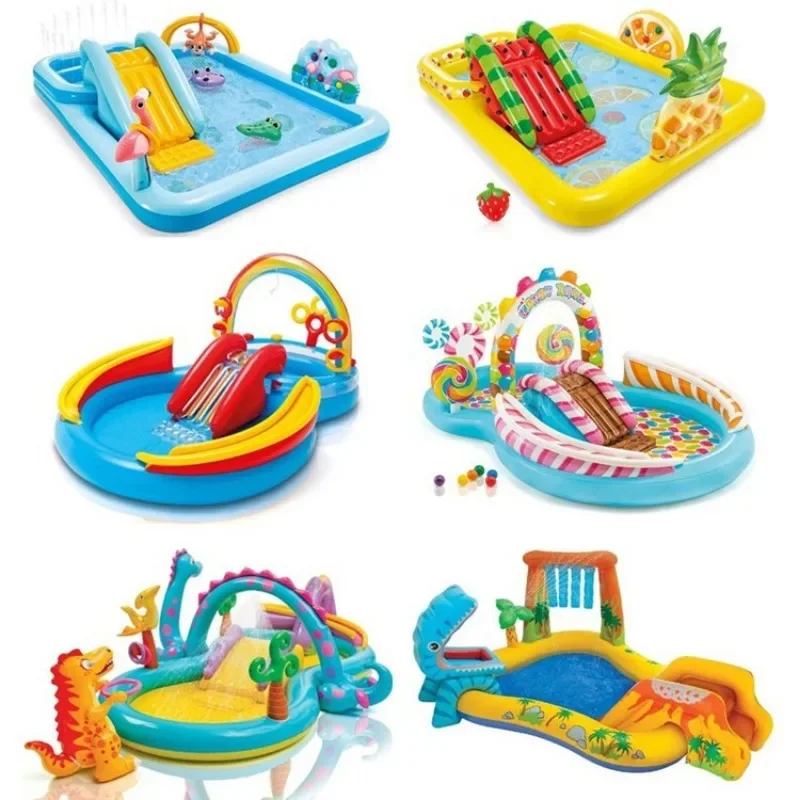 Rainbow Flamingo Pool Family Fountain with Slide Cartoon Play Pool Inflatable Ocean Ball Pool