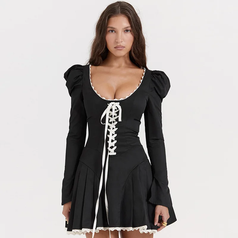 

Women'S Autumn And Winter New Fashion Long Sleeved U-Shaped Collar Tied With Rope Waist, Slim Fit Short Lace Up Dress
