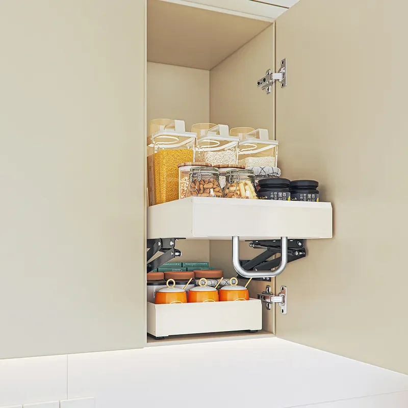 Kitchen Upper Cabinet Pull Down Shelf Organizer Hanging Storage Basket for Seasoning Spice Rack Narrow Space Saving Solution