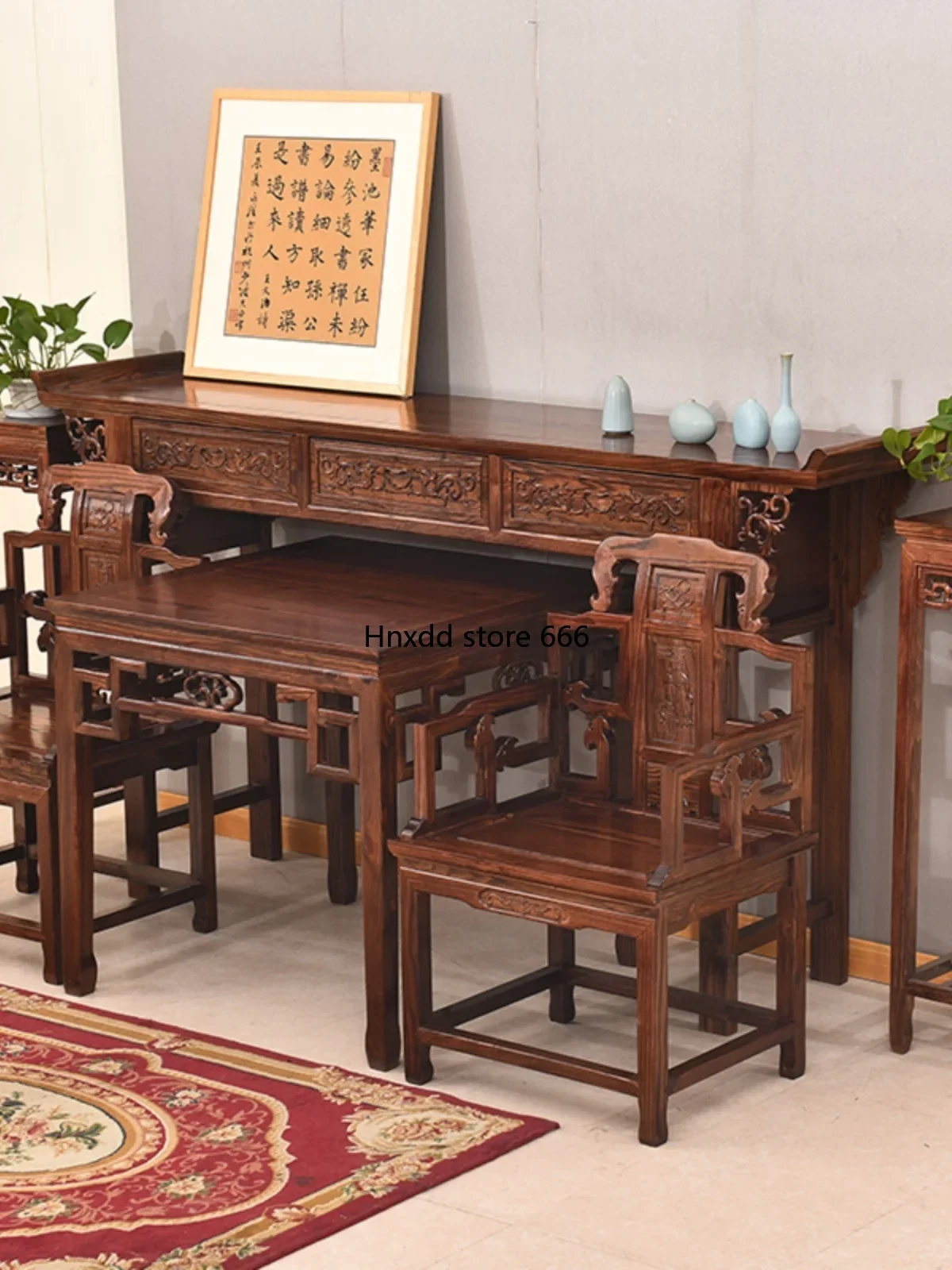 Rural main house Zhongtang six-piece set all solid wood classical God of Wealth