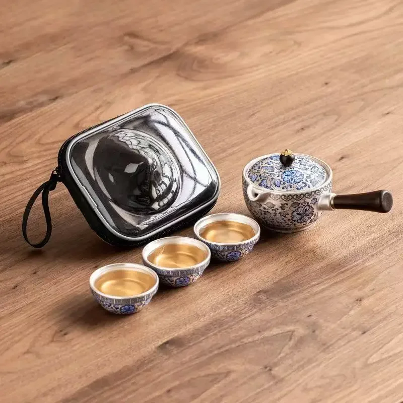 Twined Lotus Hand-painted 999 Silver Travel TeaSet 1Pot 3Cup Outdoor Picnic Portable Express Cup Side Handle Pot TeaCup Souvenir