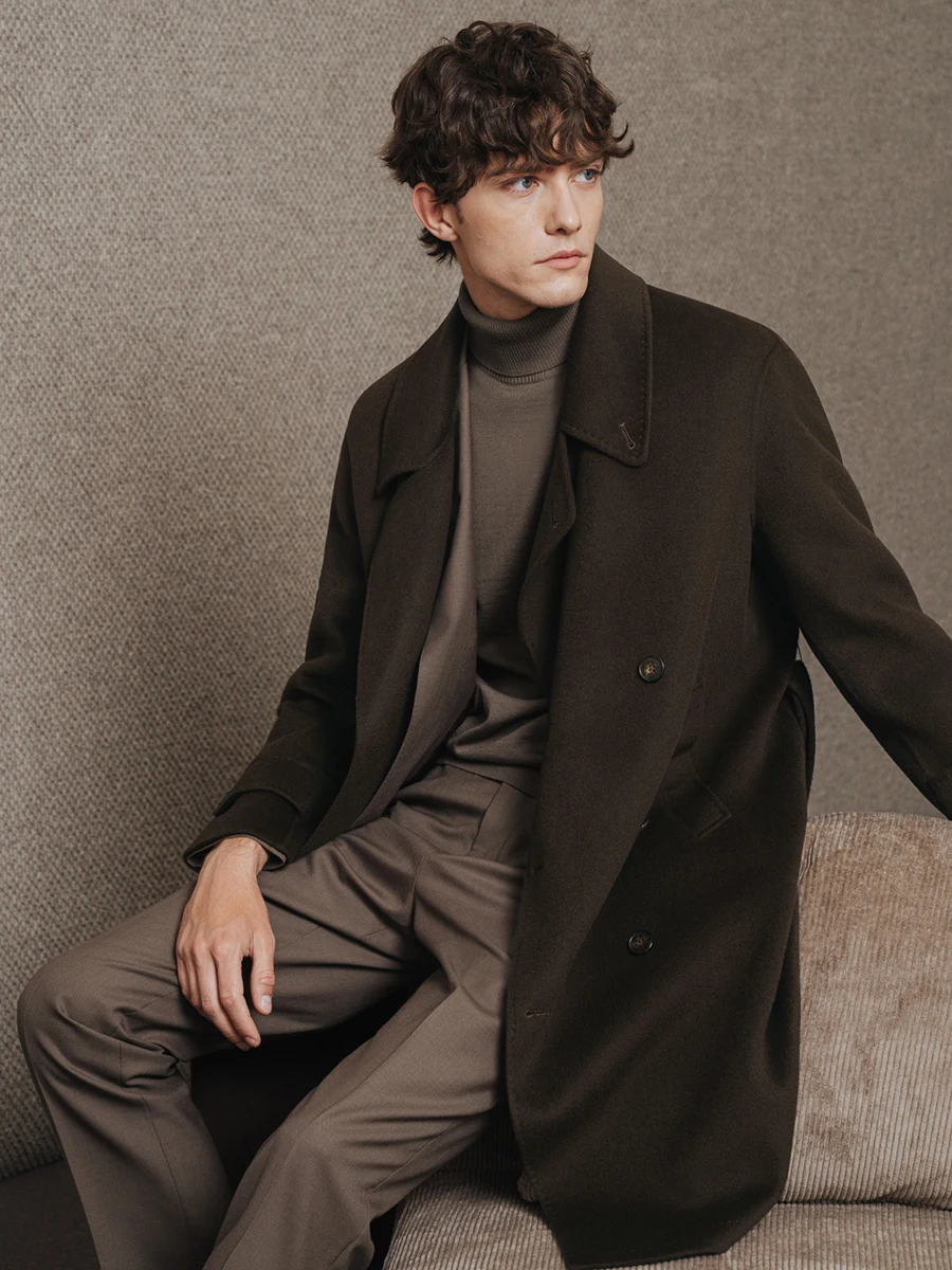 معطف رجالي 95% صوف 5% كشمير مزدوج الوجه مزدوج الصدر سترة شتوية ثقيلة منتصف طول معطف على شكل ثوب للعمل والملابس