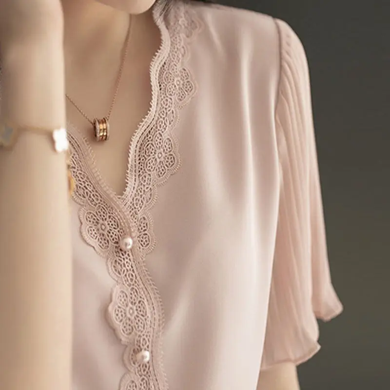 Spring Summer New Fashion Solid Color Chiffon Shirt 2022 V-Neck Short Sleeve Lace Pullover Shirt Korean Elegant Casual Blouse