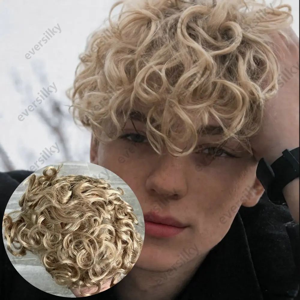 Vloop Super Natural Hairline 0,06 mm dünne Haut 26 mm lockiges Herren-Toupet 22rBlond Grau Echthaarperücken Langlebige Haarprothese – Detail 1