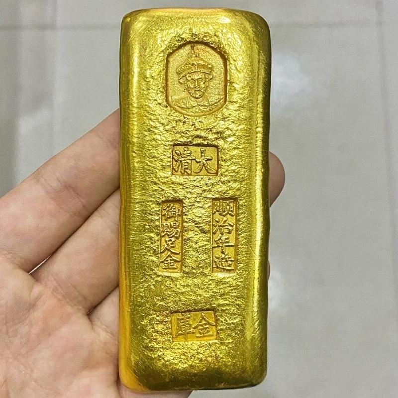Antique Daqing Treasury Gold Bar Vintage Alloy Crafts Small Desktop Statue To Attract Wealth Home Office Feng Shui Decoration
