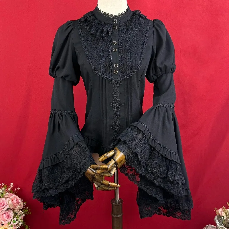 Elegant Lolita Blouse, Vintage Long Bell Sleeve Stand Ruffled Neck Women Shirt, Victorian Aesthetic Classic Gothic Cosplay Top