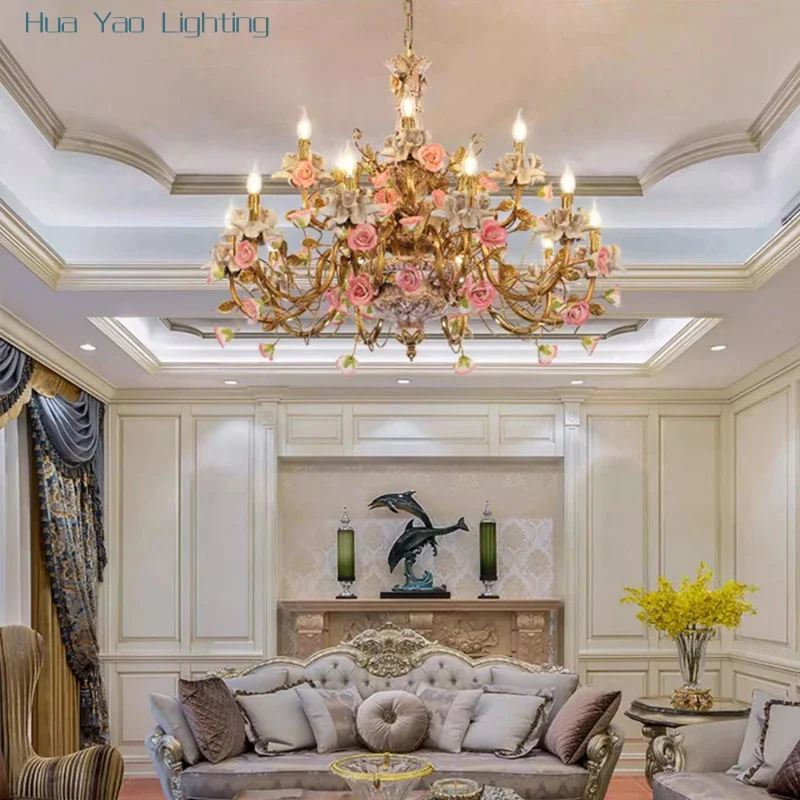 Decorative Lighting Flower Brasscolorful Ceramic Wedding Pendant Lamp French Style Chandeliers